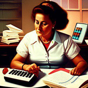Imagen generada con IA. Profesora usando una calculadora mientras corrige un test
