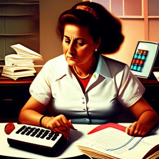 Imagen generada con IA.
Profesora usando una calculadora mientras corrige unos tests