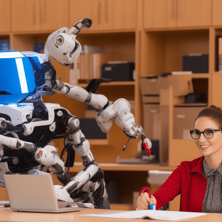 Imagen generada con IA. Robot y profesora en un aula con un portáticl