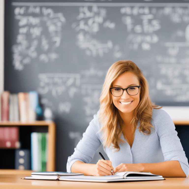 Imagen generada con Inteligencia Artificial. Profesora preparando un examen en su ordenador portátil
