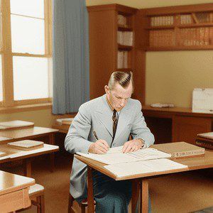 Imagen generada con IA. Profesor corrigiendo un test en un aula