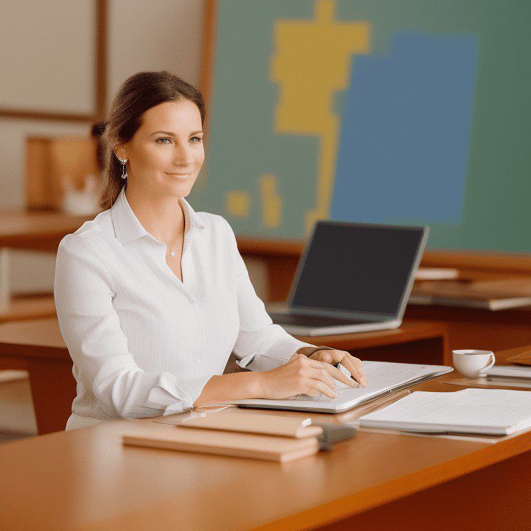 Imagen generada con Inteligencia Artificial. Profesora preparando un examen en su ordenador portátil