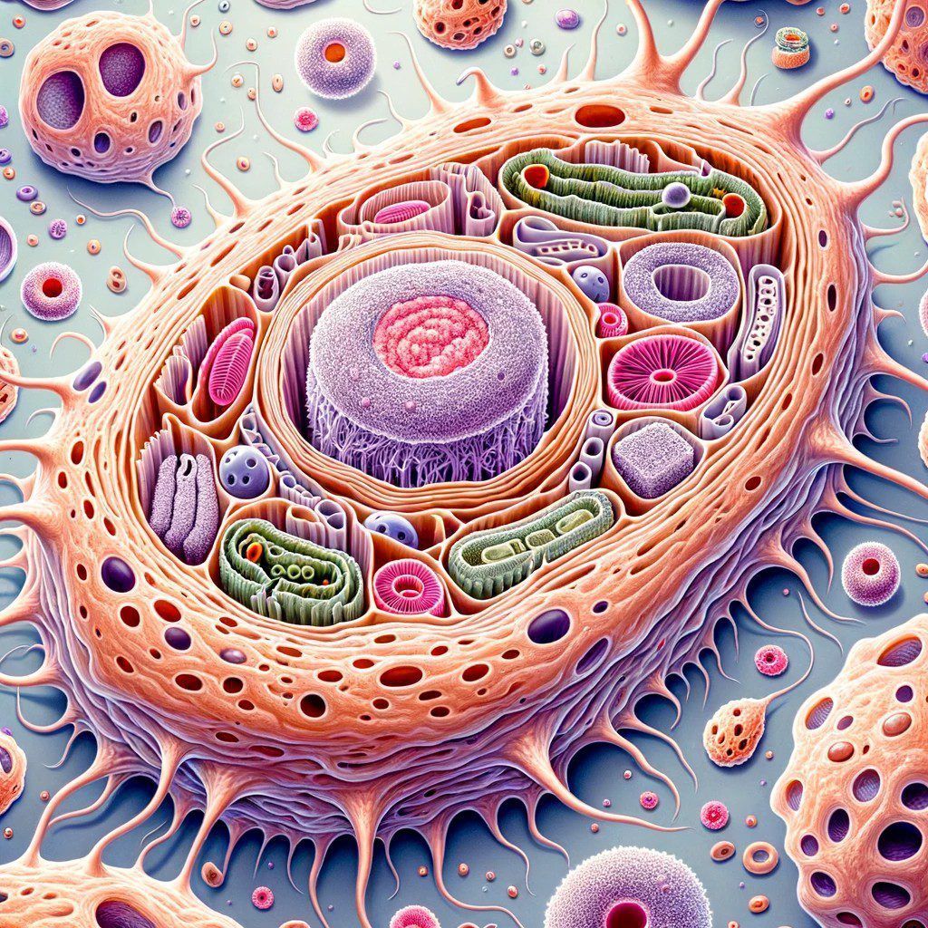 Imagen generada con IA. Ilustración de una célula para libro de ciencias