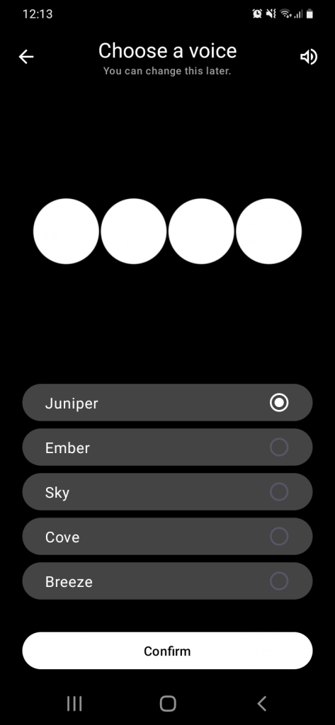 Captura de pantalla de las voces disponibles en la app de ChatGPT para móviles