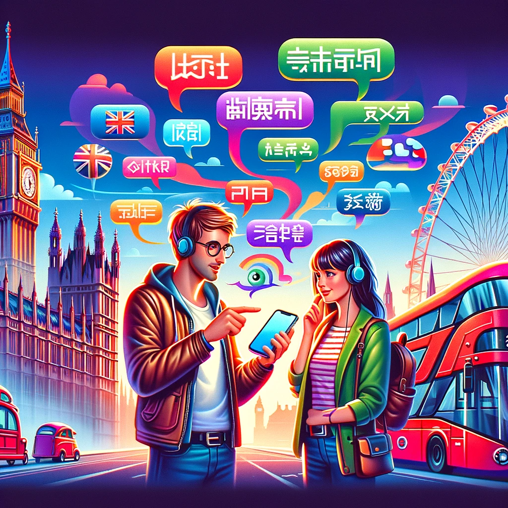 Imagen generada con IA. Dos personas en Londres hablando diferentes idiomas por medio de una app de móvil