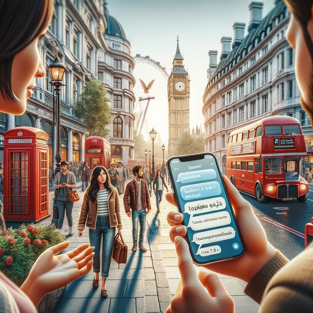Imagen generada con IA. Dos personas en Londres hablando diferentes idiomas por medio de una app de móvil