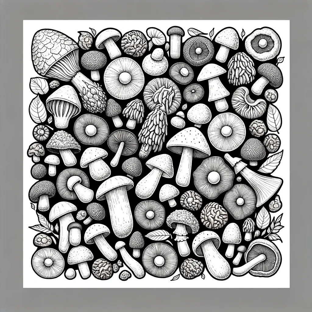 Imagen generada con Inteligencia Artificial. Vista superior de una variedad de setas, dibujo para colorear.