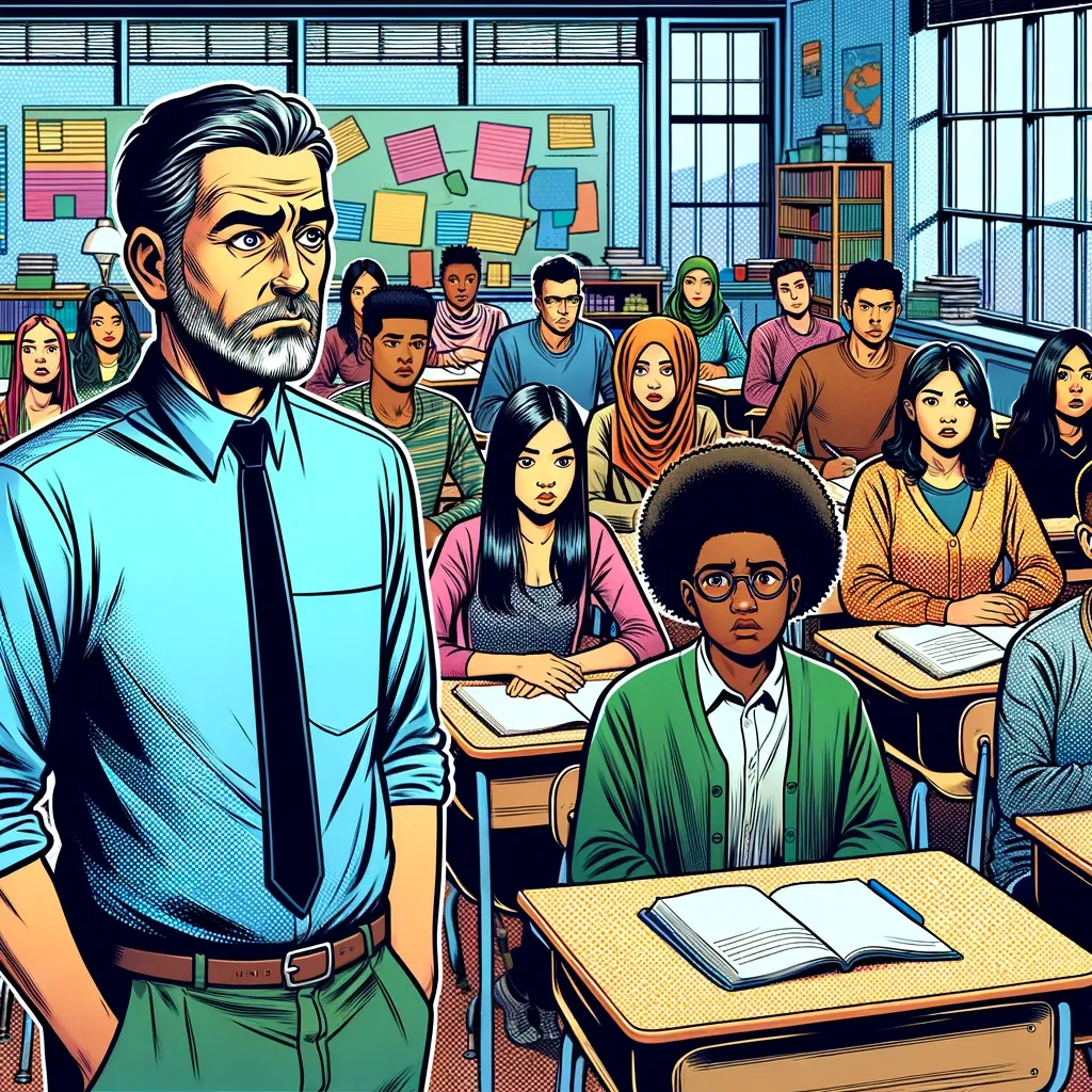 Imagen generada con IA. Un profesor en un aula llena de estudiantes. Estilo de cómic en color.