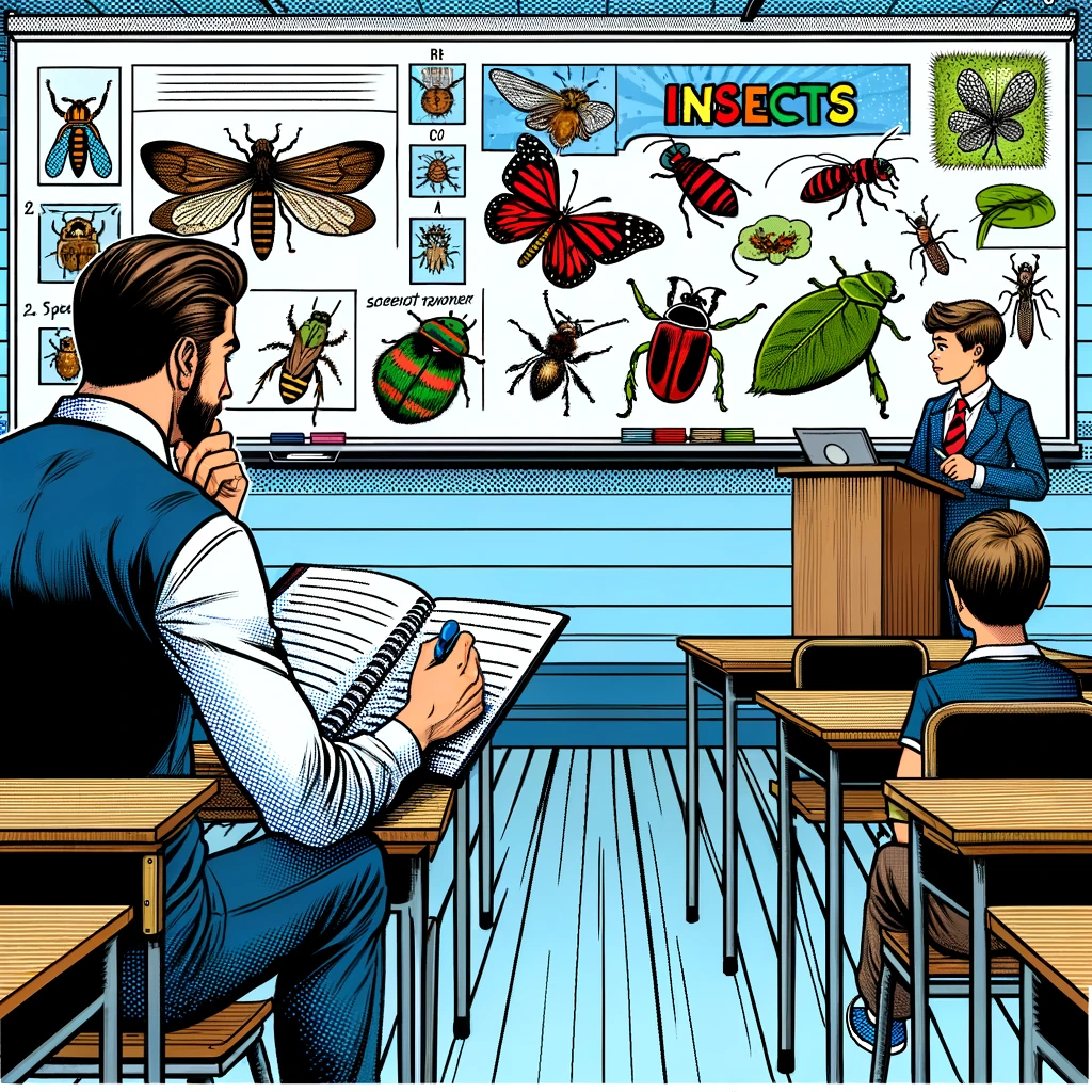 Imagen generada con IA. Un profesor tomando notas en un aula mientras un estudiantes hace una presentación sobre los insectos. Estilo cómic.
