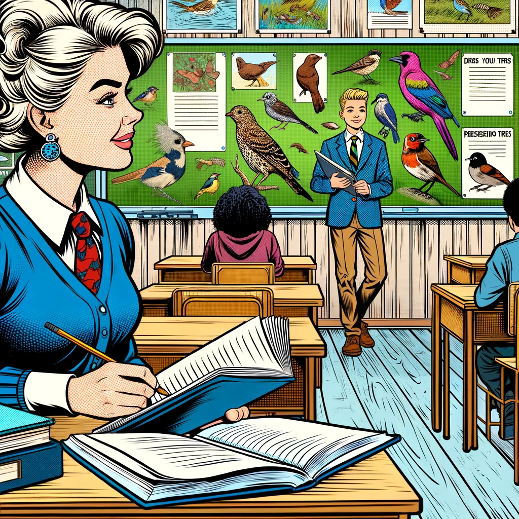Imagen generada con IA. Una profesora tomando notas en un aula mientras un estudiante hace una presentación sobre los pájaros. Estilo cómic.