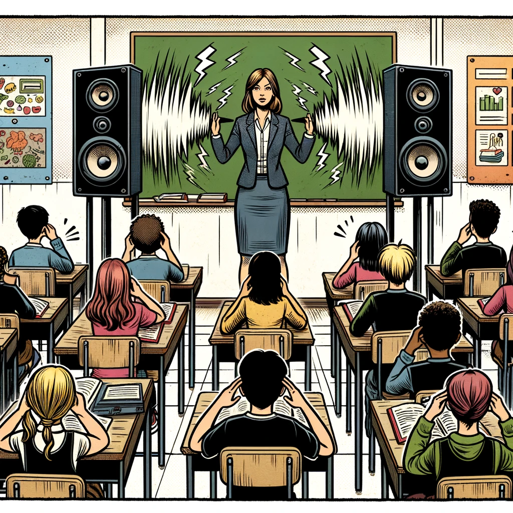 Imagen generada con IA. Una profesora en un aula poniendo una audio a los estudiantes a través de unos altavoces. Estilo de cómic