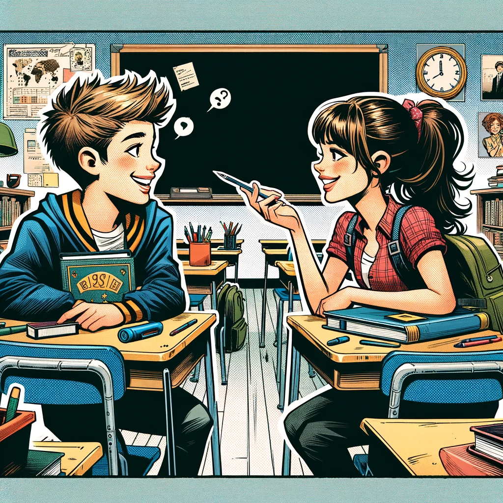 Imagen generada con IA. Dos niños conversando en un aula. Estilo de cómic