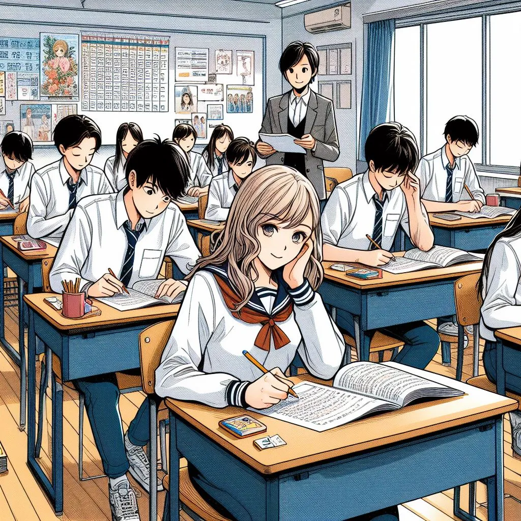 Imagen generada con IA. Grupo de estudiantes realizando un test en un aula. Estilo cómic japonés