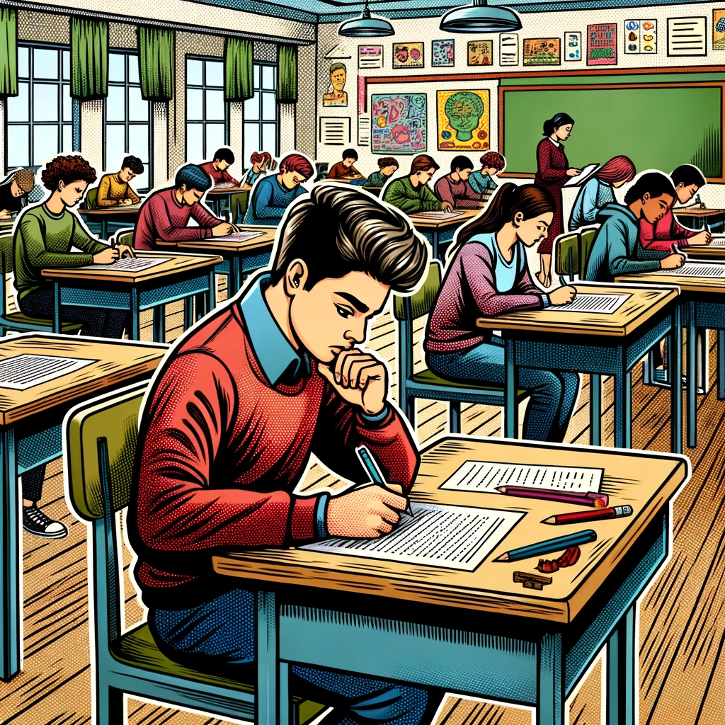 Imagen generada con IA. Un estudiante realizando un test en un aula. Estilo cómic.
