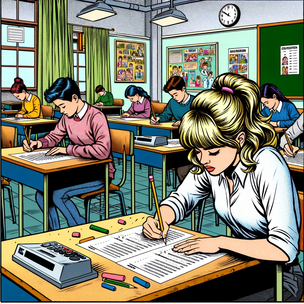 Imagen generada con IA. Una estudiante realizando un test en un aula. Estilo cómic.