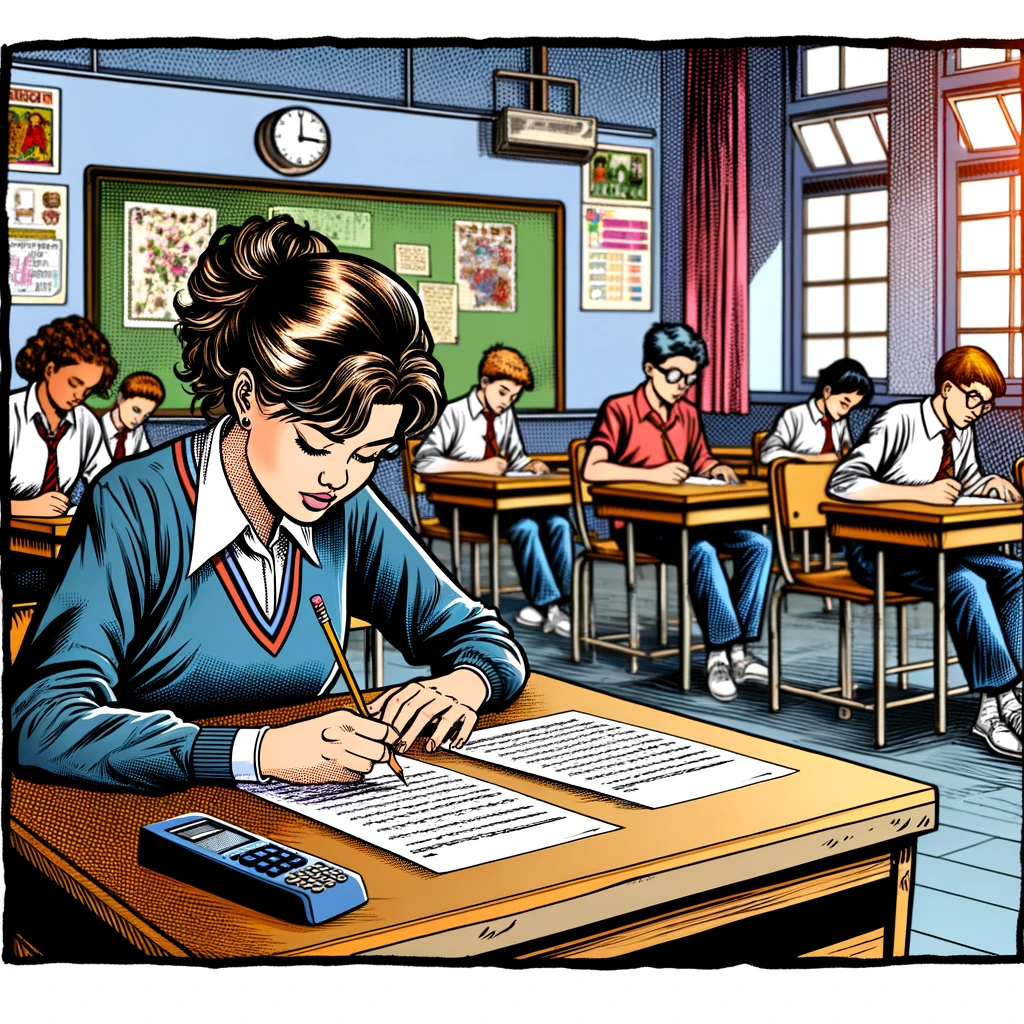 Imagen generada con IA. Una estudiante realizando un test en un aula. Estilo cómic.