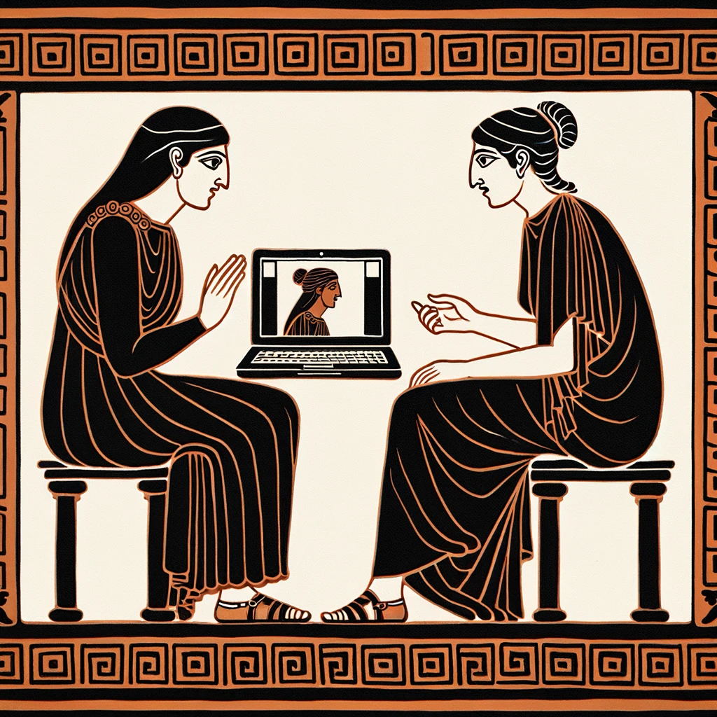 Imagen generada con IA. Ilustración a estilo de cerámica griega de dos mujeres haciendo una videoconferencia.