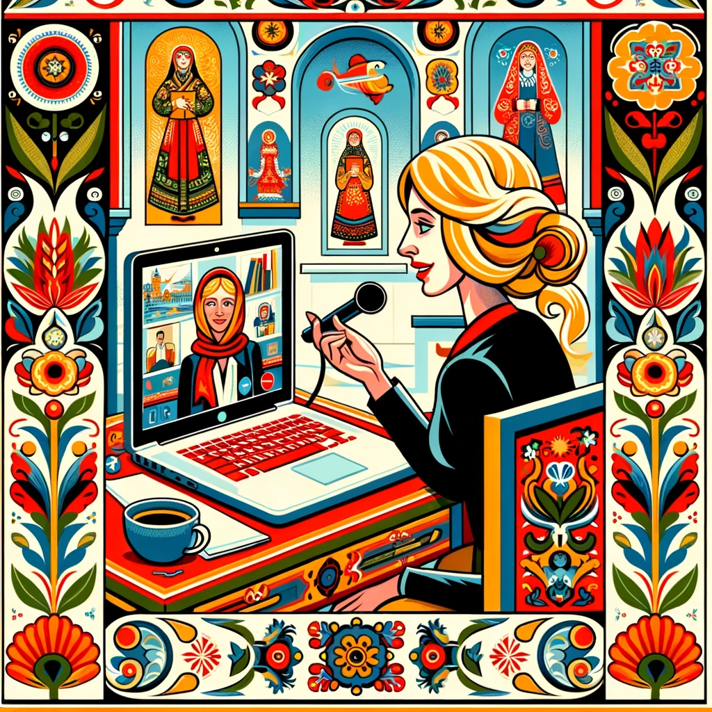 Imagen generada con IA. Ilustración a estilo tradicional ruso de una mujer haciendo una videoconferencia.