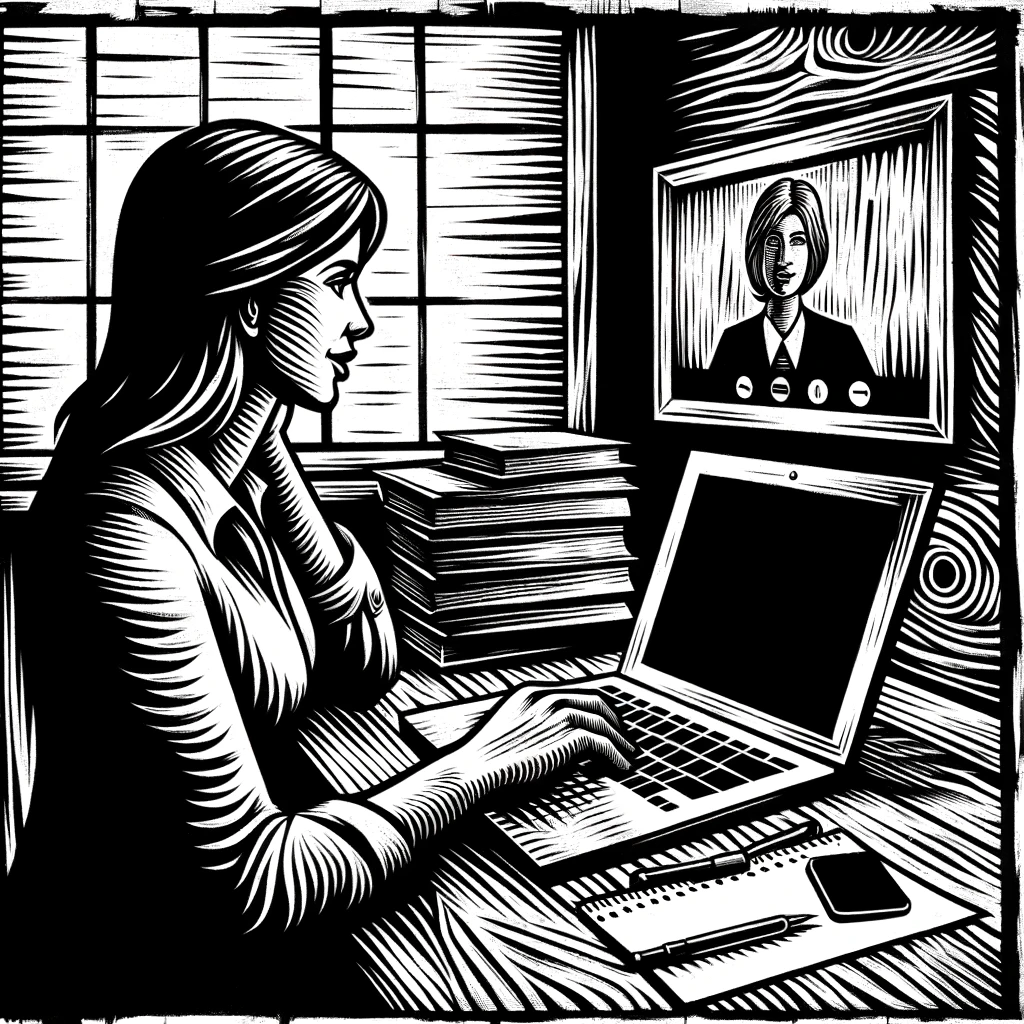 Imagen generada con IA. Ilustración a estilo de una xilografía de una mujer haciendo una videoconferencia.