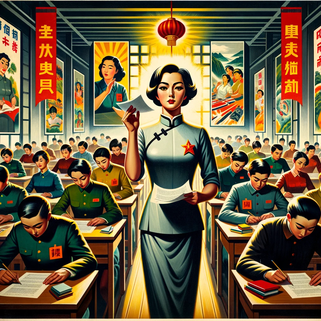 Imagen generada con IA. Estudiantes en un aula realizando un test, con una profesora de pie. Estilo de póster de propaganda china.