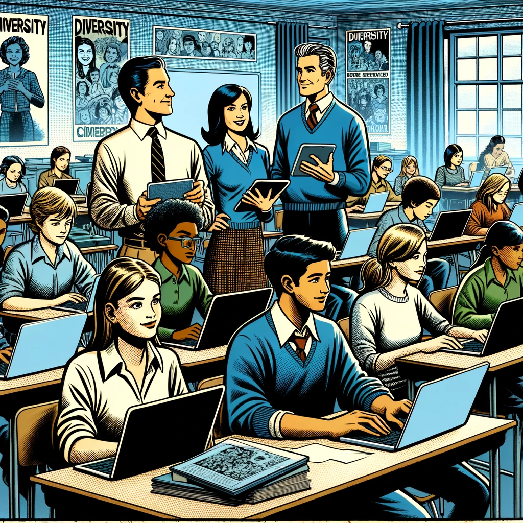 Imagen generada con IA. Estudiantes en un aula realizando un test en unos ordenadores, con varios profesores de pie. Estilo de cómic clásico.