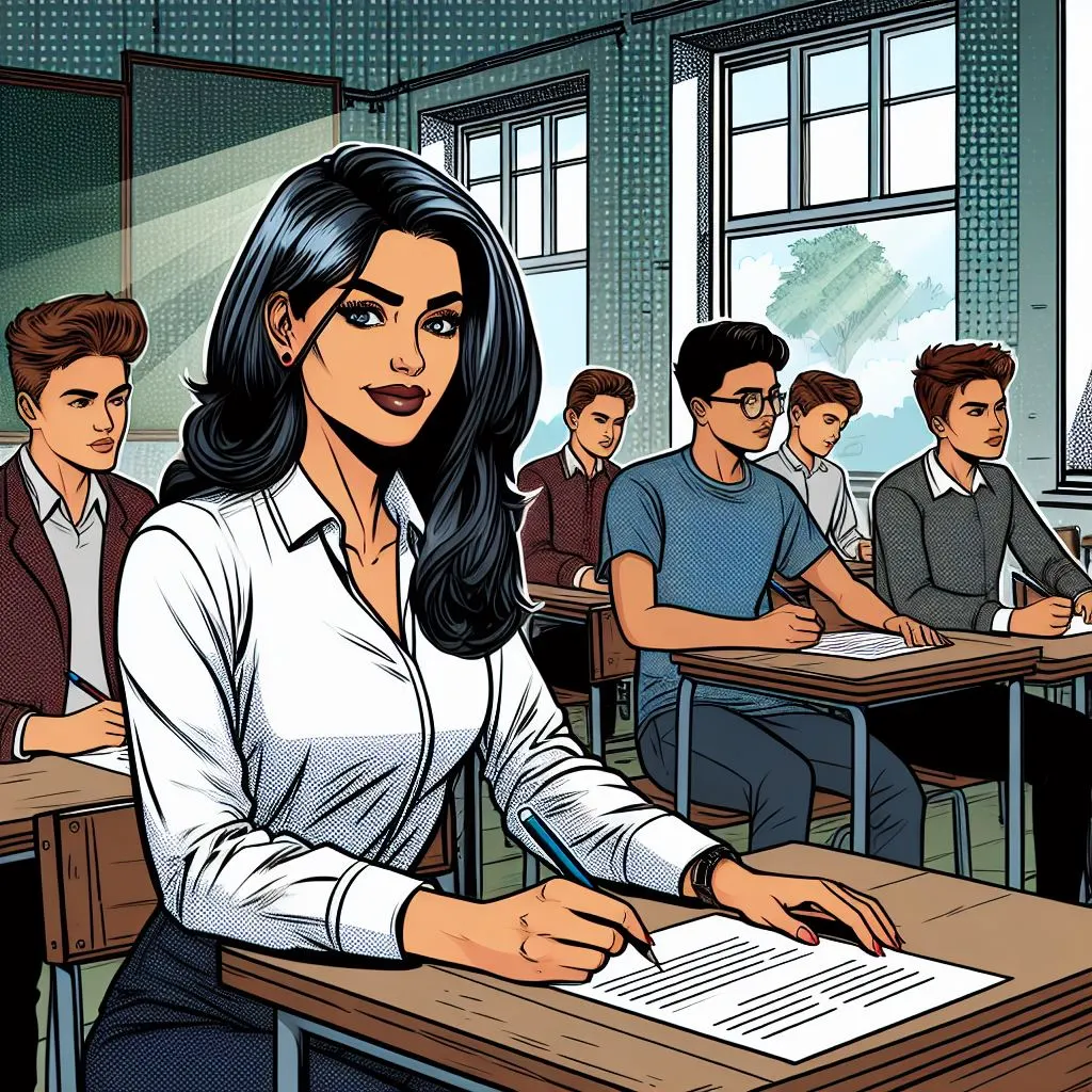 Imagen generada con IA. Grupo de estudiantes realizando un test en un aula. Estilo cómic