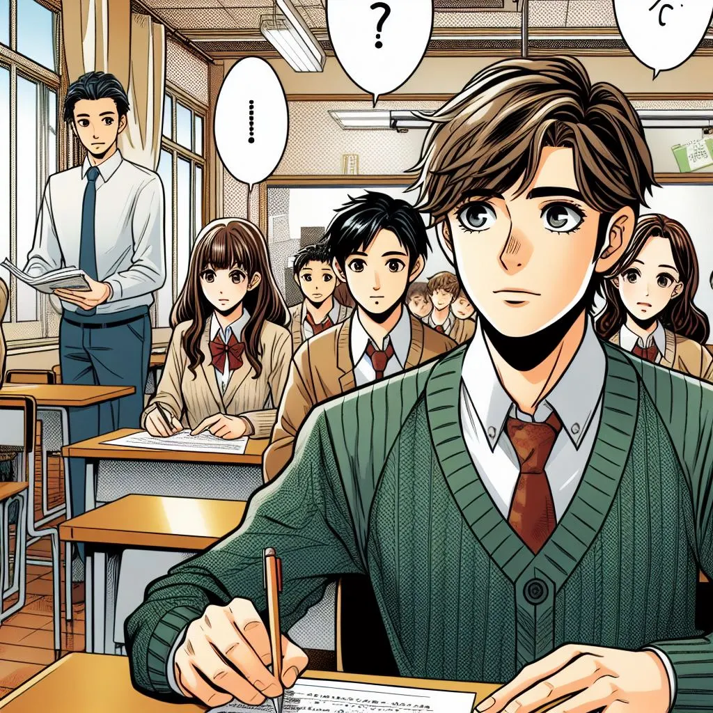 Imagen generada con IA. Grupo de estudiantes realizando un test en un aula. Estilo cómic japonés