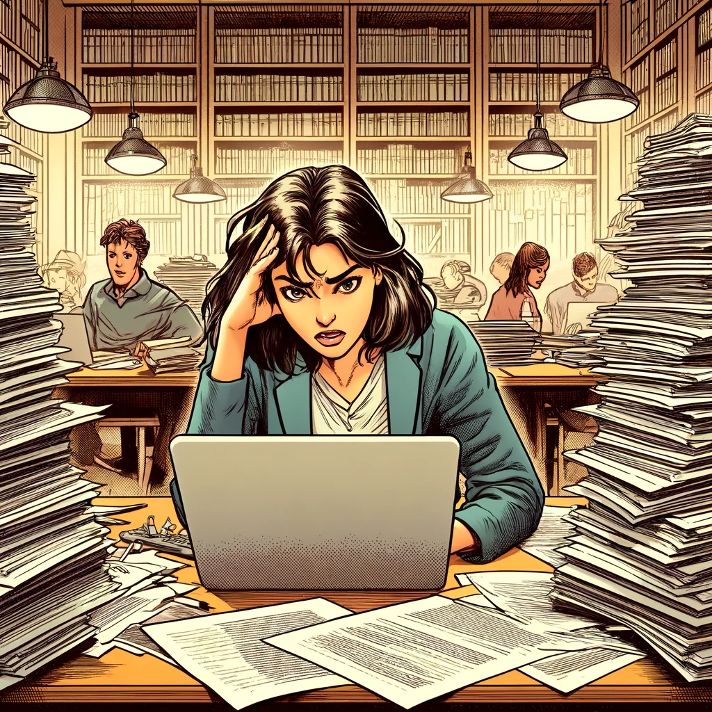Imagen generada con IA. Una estudiante universitaria en una biblioteca con un portátil y una montaña de papeles alrededor, con estilo de cómic.