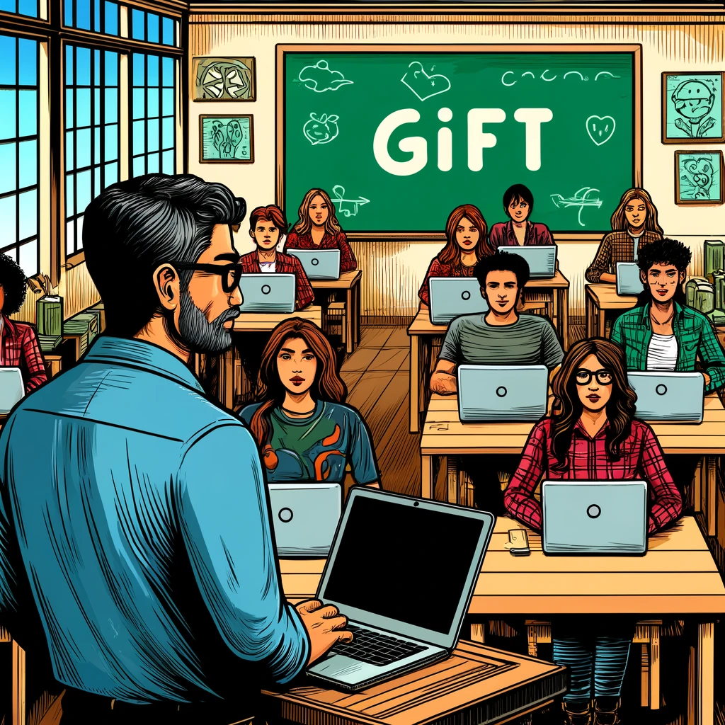 Imagen generada con IA. Un profesor en clase con estudiantes trabajando con ordenadores. Estilo cómic