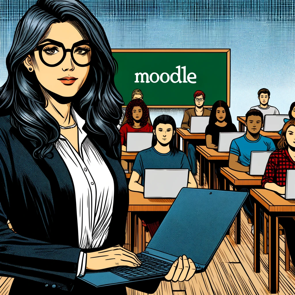 Imagen generada con IA. Una profesora en clase con estudiantes trabajando con ordenadores. Estilo cómic