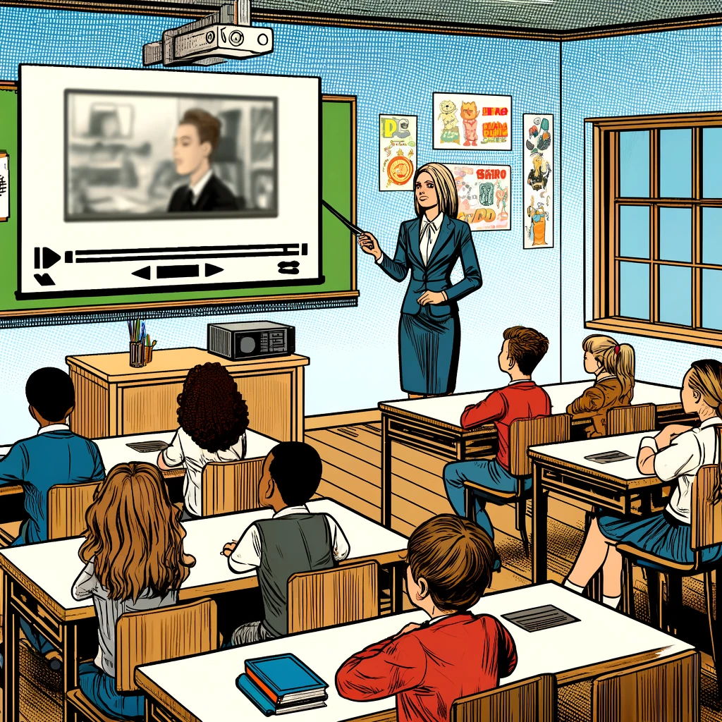 Imagen generada con IA. Una profesora en un aula proyectando un video a los estudiantes. Estilo cómic.