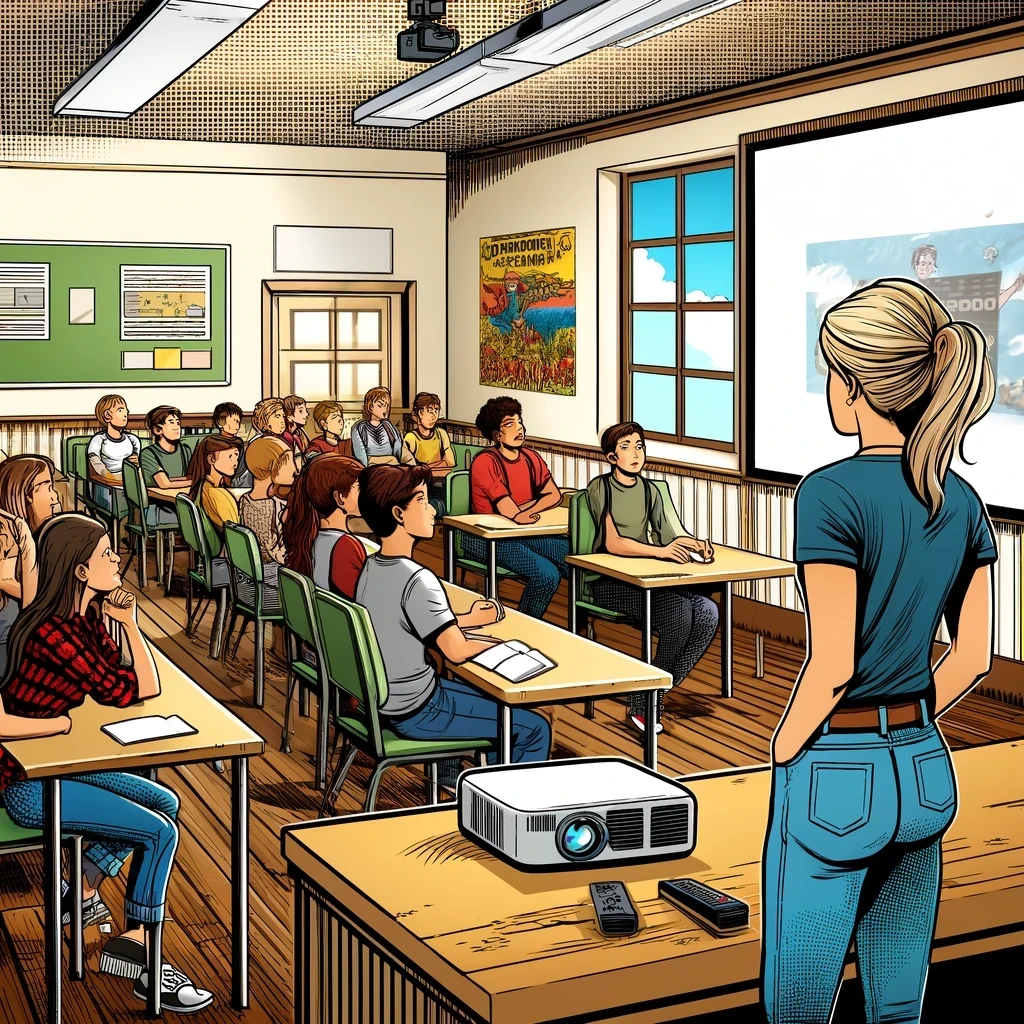 Imagen generada con IA. Una profesora en un aula proyectando un video a los estudiantes. Estilo cómic.
