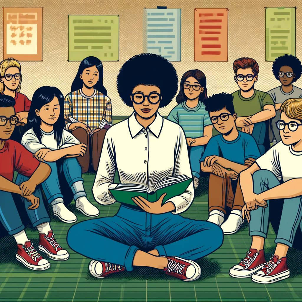 Imagen generada con IA. Una maestra en un aula lee un libro a sus estudiantes que están sentados alrededor de ella. Estilo cómic