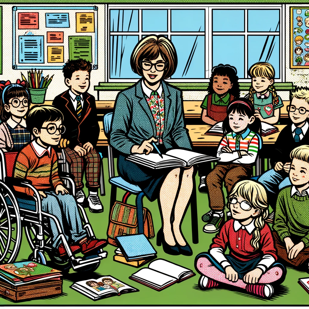 Imagen generada con IA. Una maestra en un aula lee un libro a sus estudiantes que están sentados alrededor de ella. Estilo cómic