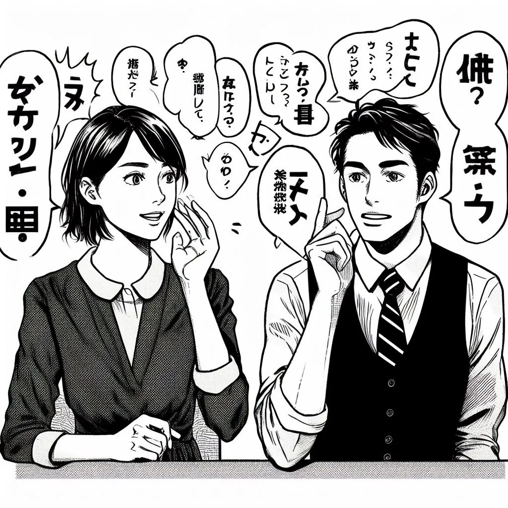 Imagen generada con IA. Dos personas hablando en idiomas diferentes, estilo de cómic