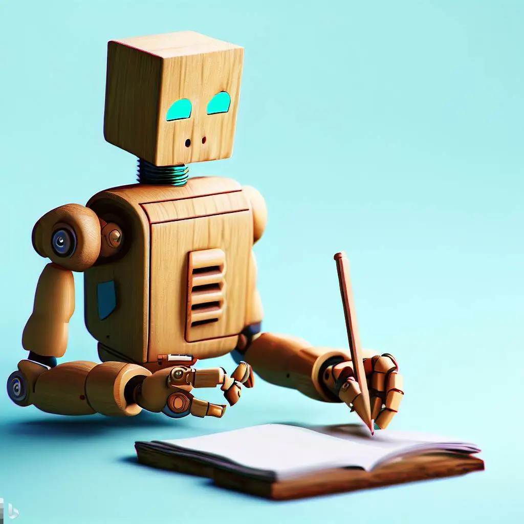 Imagen generada con IA. Robot de madera escribiendo en un cuaderno con un lápiz