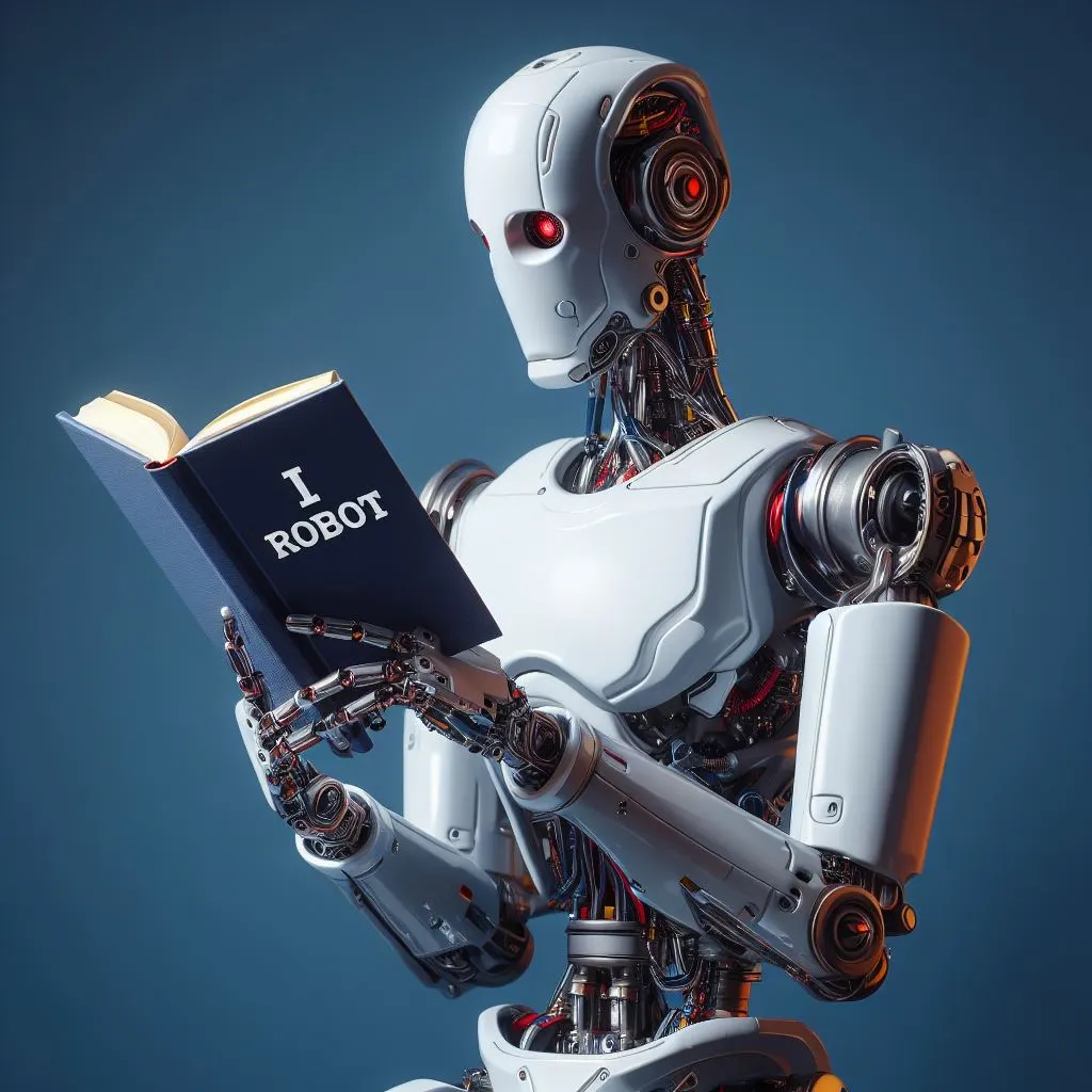 Imagen generada con IA. Robot metálico leyendo el libro "I, robot". Estilo realista.