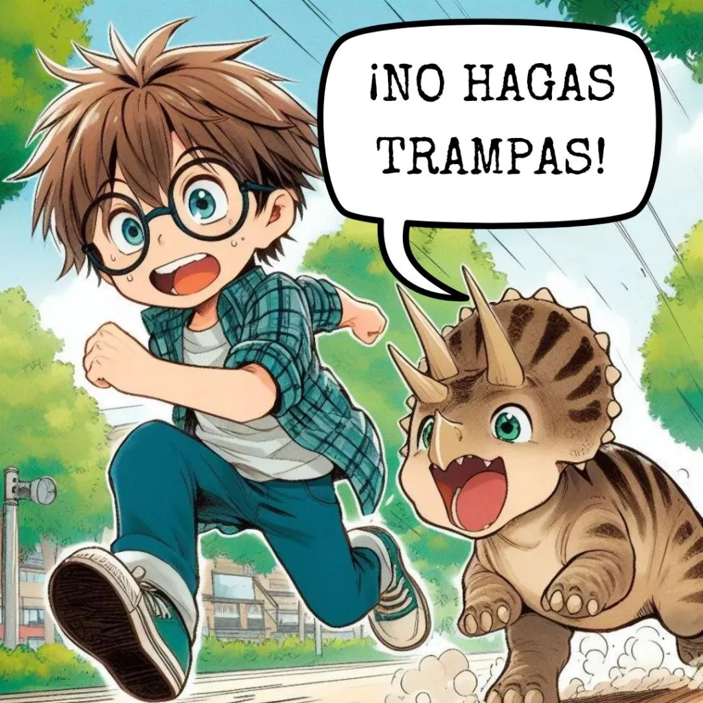 Imagen generada con IA. Un niño de unos 10 años con pelo moreno y corto y con gafas haciendo carreras por el parque con una cría de triceratops del tamaño de un perro; estilo de cómic japonés