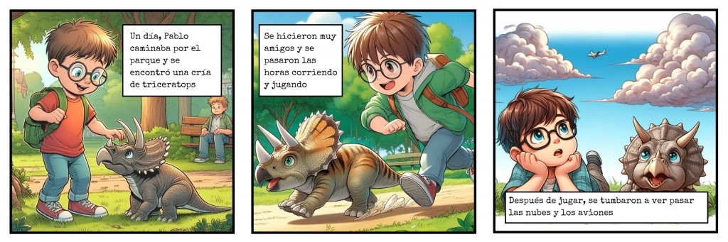 Imagen generada con IA. Historieta de un niño jugando con una cría de triceratops en el parque, estilo cómic