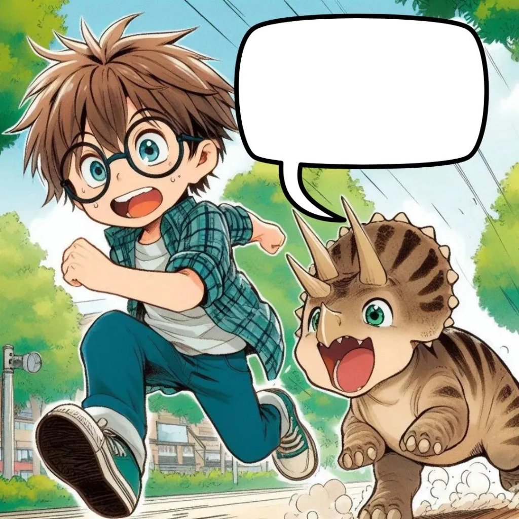 Imagen generada con IA. Un niño de unos 10 años con pelo moreno y corto y con gafas haciendo carreras por el parque con una cría de triceratops del tamaño de un perro; estilo de cómic japonés