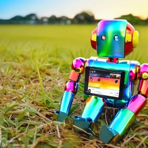 Imagen generada con Inteligencia Artificial. Robot metálico multicolor sentado sobre la hierba viendo videos en una tablet.