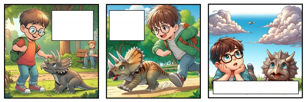 Imagen generada con IA. Historieta de un niño jugando con una cría de triceratops en el parque, estilo cómic