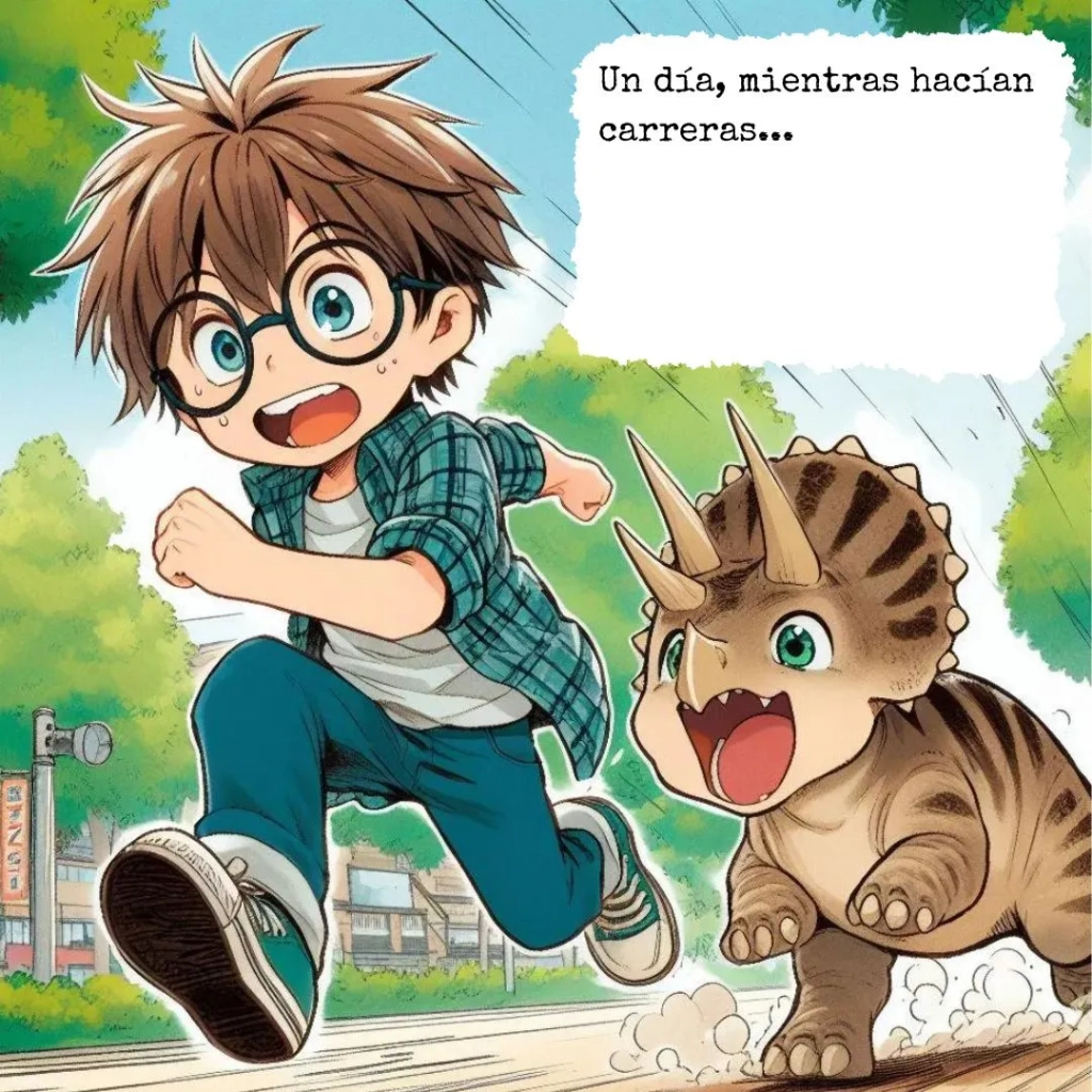 Imagen generada con IA. Un niño de unos 10 años con pelo moreno y corto y con gafas haciendo carreras por el parque con una cría de triceratops del tamaño de un perro; estilo de cómic japonés