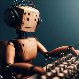 Imagen generada con IA. Robot hecho de madera con auriculares escribiendo en un teclado de ordenador