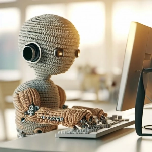 Imagen generada con IA. Robot hecho de crochet escribiendo en un teclado de ordenador.