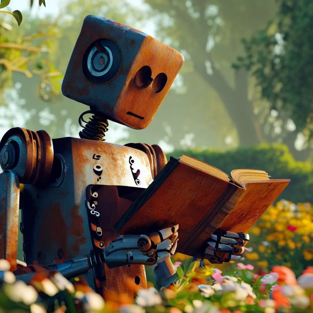 Imagen generada con IA. Robot de metal oxidado leyendo un libro en el parque