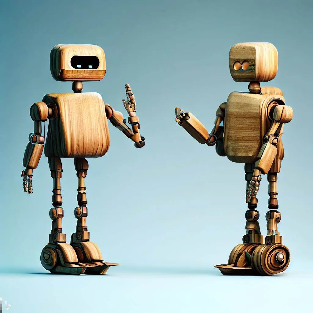 Imagen generada con IA. Dos robots de madera conversando