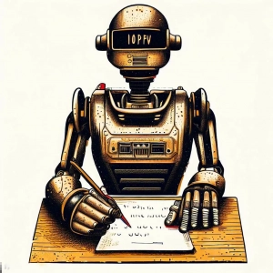 Imagen generada con Inteligencia Artificial. Robot escribiendo un texto con un lápiz.
