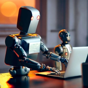 Imagen generada con IA. Un robot escribiendo en el teclado de un ordenador portátil.