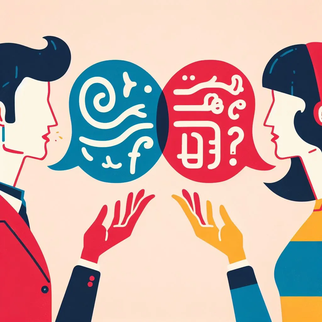 Imagen generada con IA. Dos personas hablando diferentes idiomas, estilo de imagen para web.